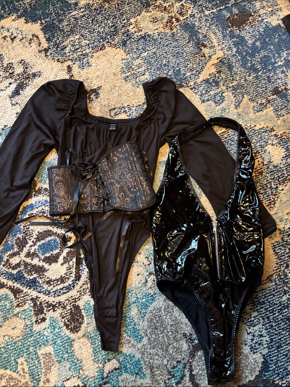 Black Lace-Up Floral Accent Corset with Shiny Black Halter Bodysuit Set